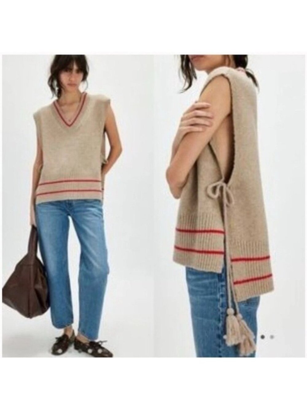 Free People All Star Stripe Poncho Neutral Tan Red Fringe Knit Sweater Vest OS